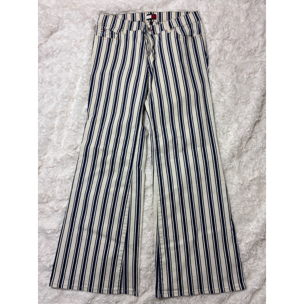 Y2K Tommy Jeans Womens Striped Bell bottom Denim Pants Blue White Size 9